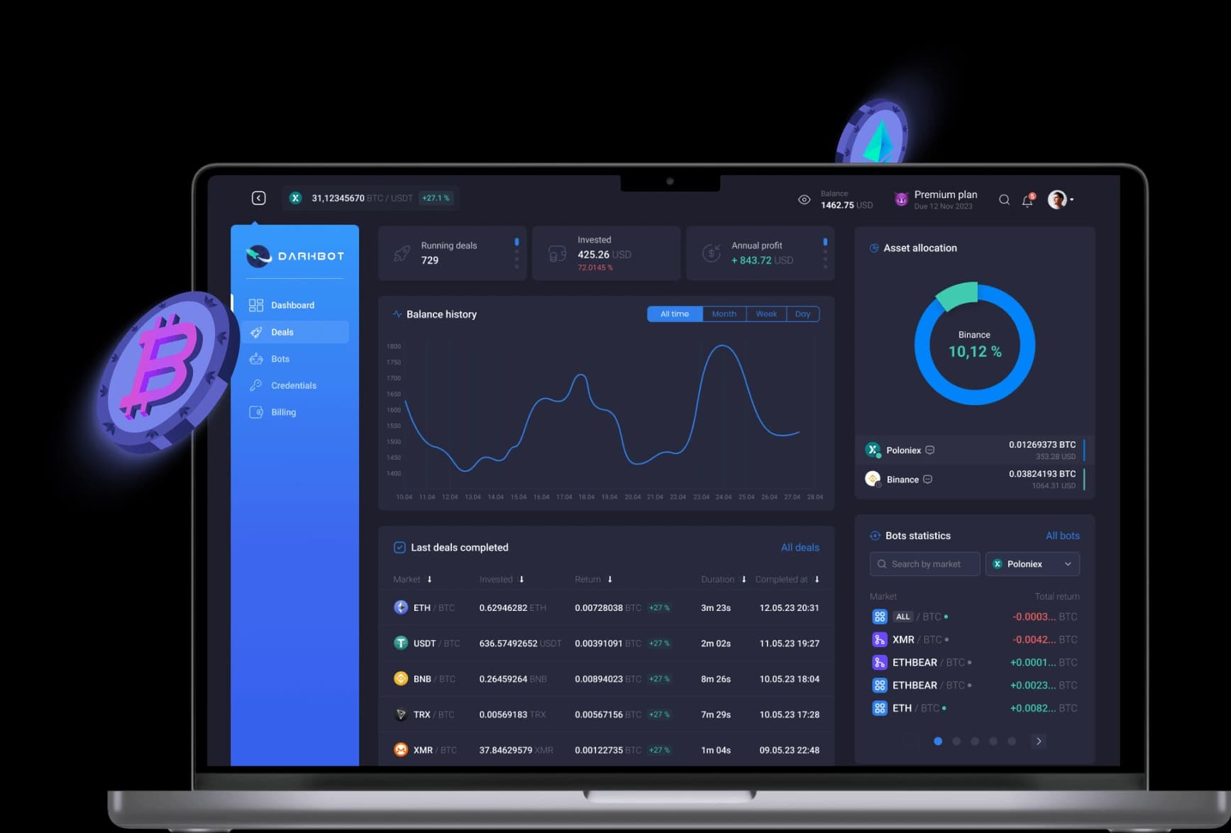 DarkBot cryptocurrency trading platform dashboard displayed on laptop screen showing automated trading bot interface